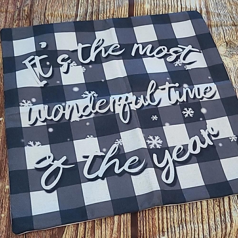 ♡♡♡ ♡Holiday Black Plaid Pillow Cover "Wonderful TIME of the Year" 16"x16"